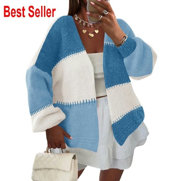 Sweaters - Chunky Knit Cardigan Open Front Puff Sleeve Color Block Fall Outerwear Chic